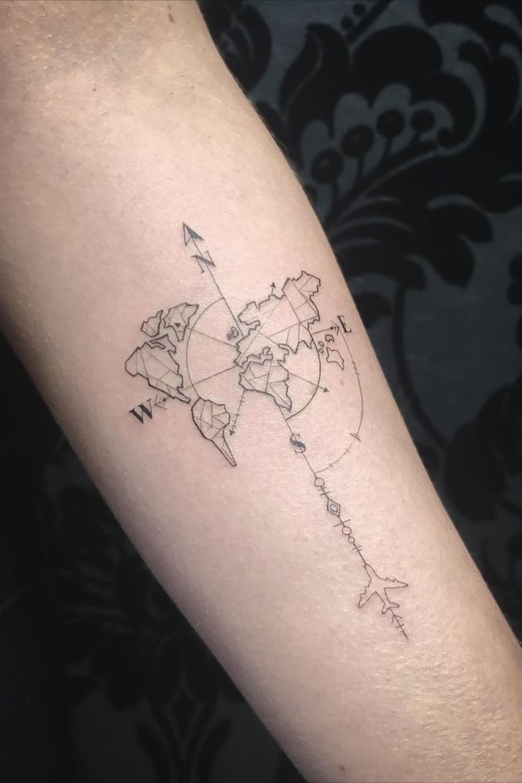 Minimal World Map Arrow Design Tattoo Design
