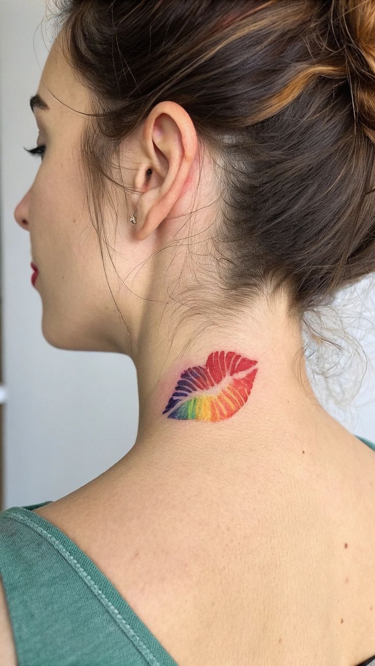 Rainbow Lip Kiss on Neck Tattoo Design