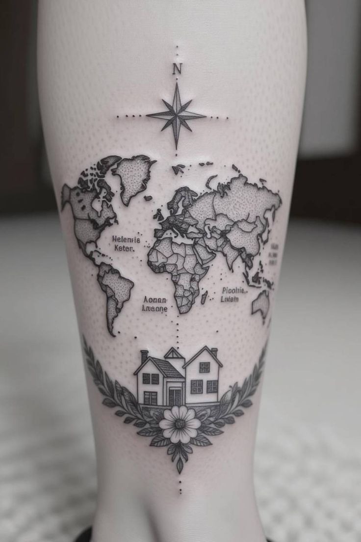 Small Map with Compass and Home Motif Tattoo Design