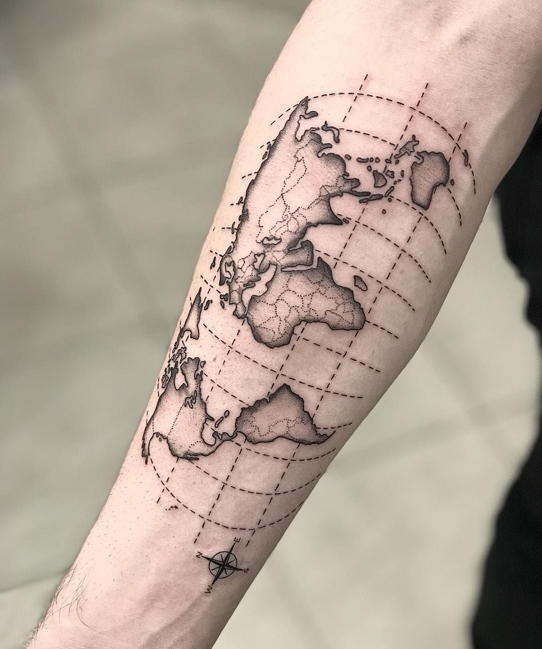 Soft Shaded World Map with Grid Lines Tattoo Design