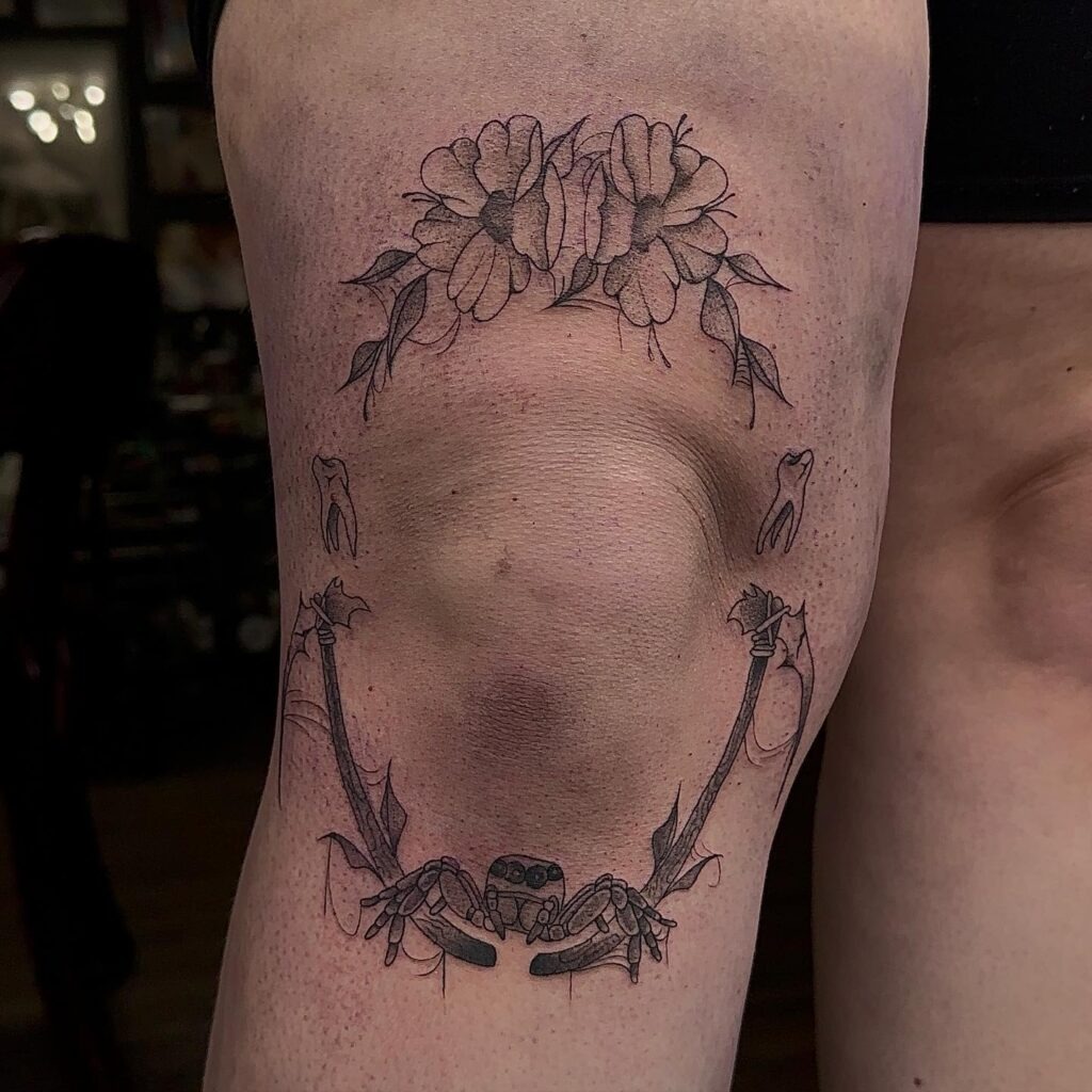 Dark Floral and Spider Knee Frame Tattoo Tattoo Design