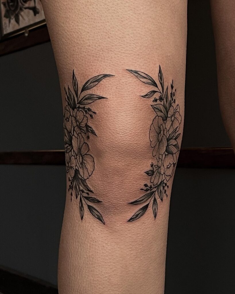 Delicate Floral Knee Frame in Black and Grey Tattoo Design