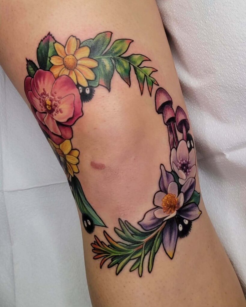 Enchanted Floral Fairy Ring Knee Frame Tattoo Design