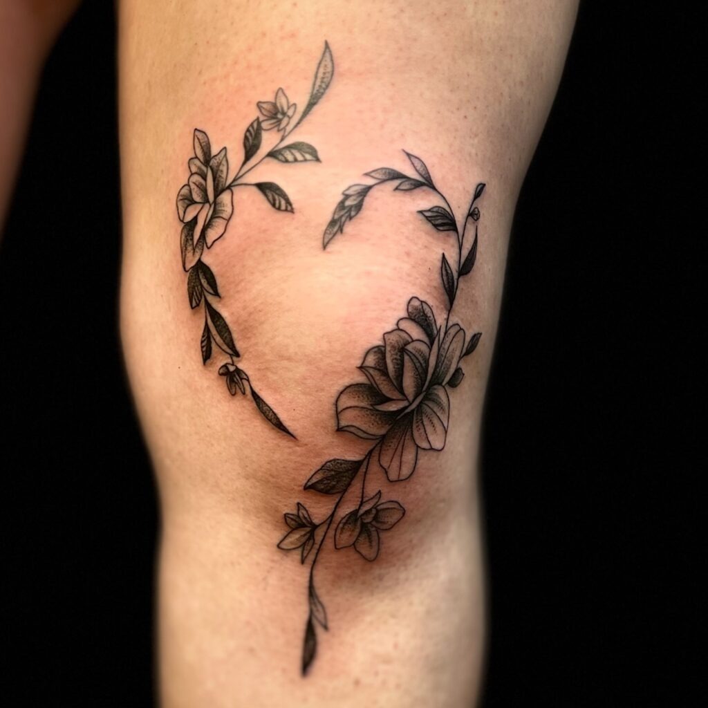 Floral Heart-Shaped Knee Frame Tattoo Design