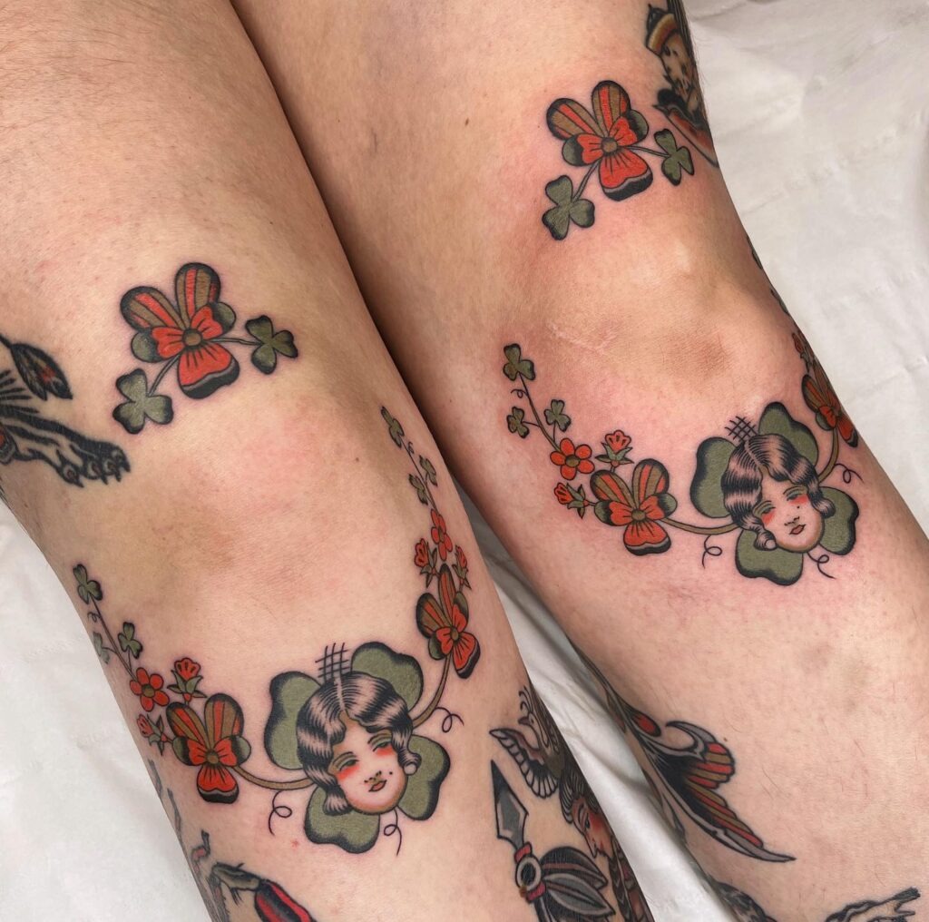 Folky Knee Ornaments with Floral and Portrait Motifs Tattoo Design