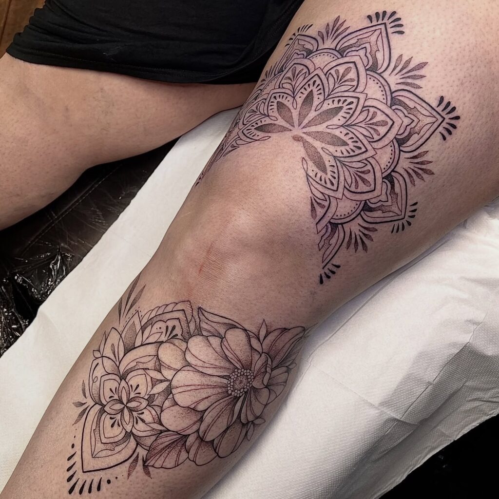 Mandala and Floral Knee Frame Tattoo Tattoo Design