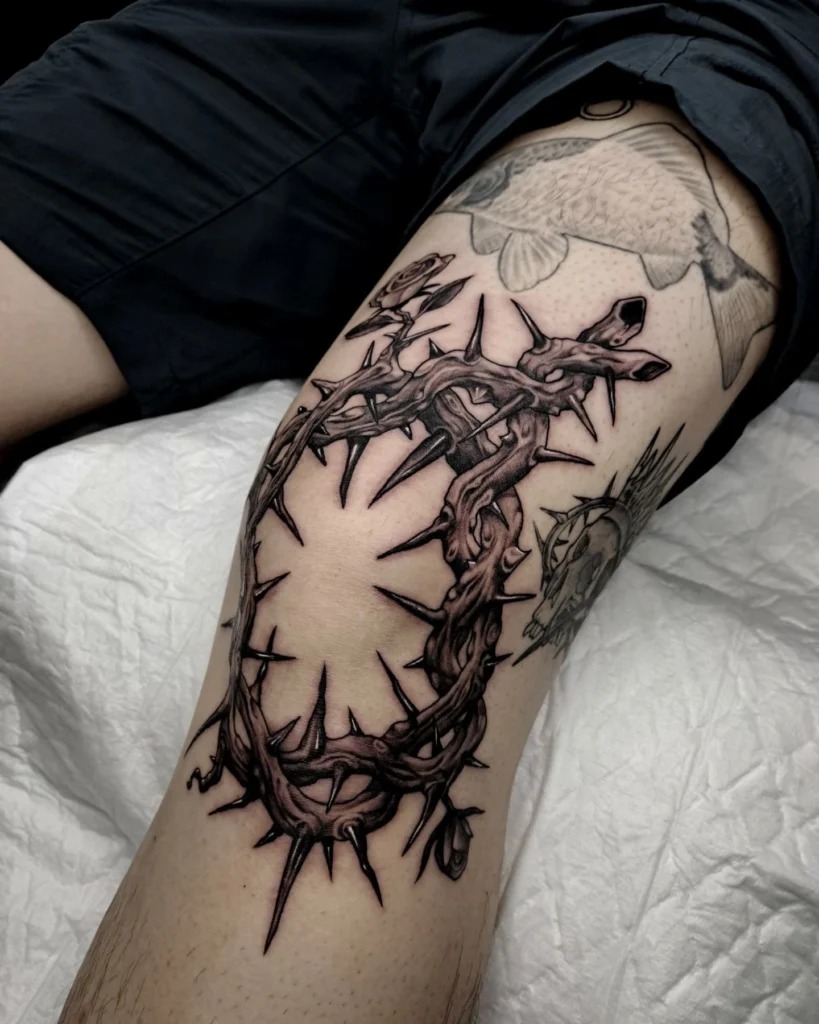 Realistic Crown of Thorns Knee Frame Tattoo Design