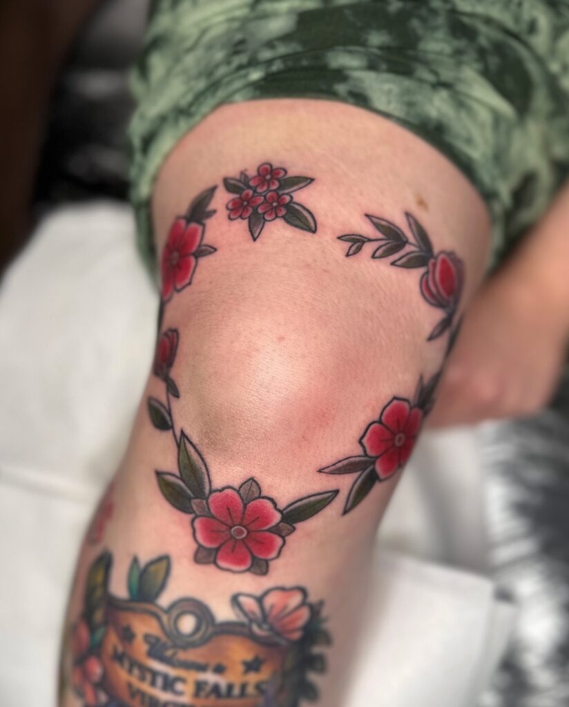 Traditional Heart with Floral Knee Frame Tattoo Design