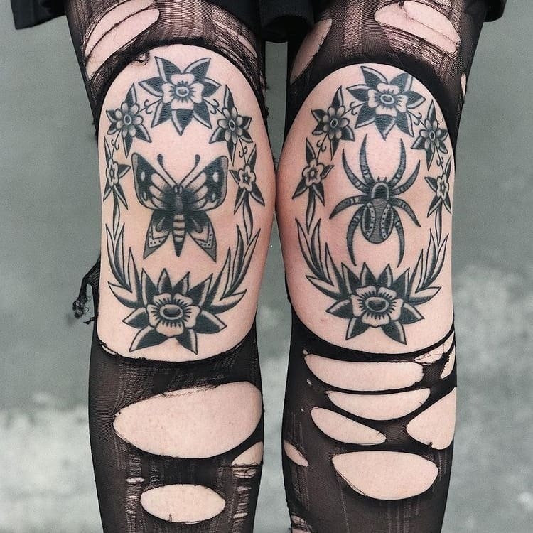Bold knee tattoos featuring intricate floral designs Tattoo Design