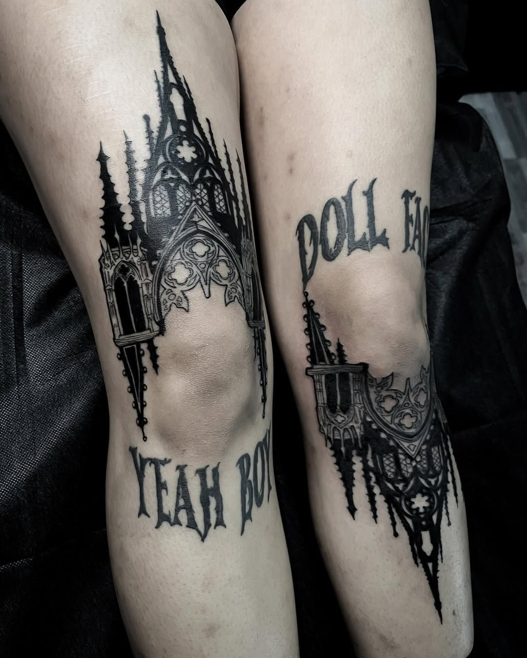 Intricate mansion design on bold knee tattoos Tattoo Design