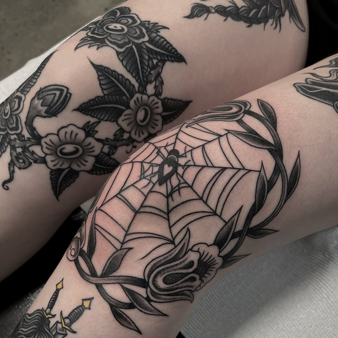 Intricate spider web knee tattoo design Tattoo Design