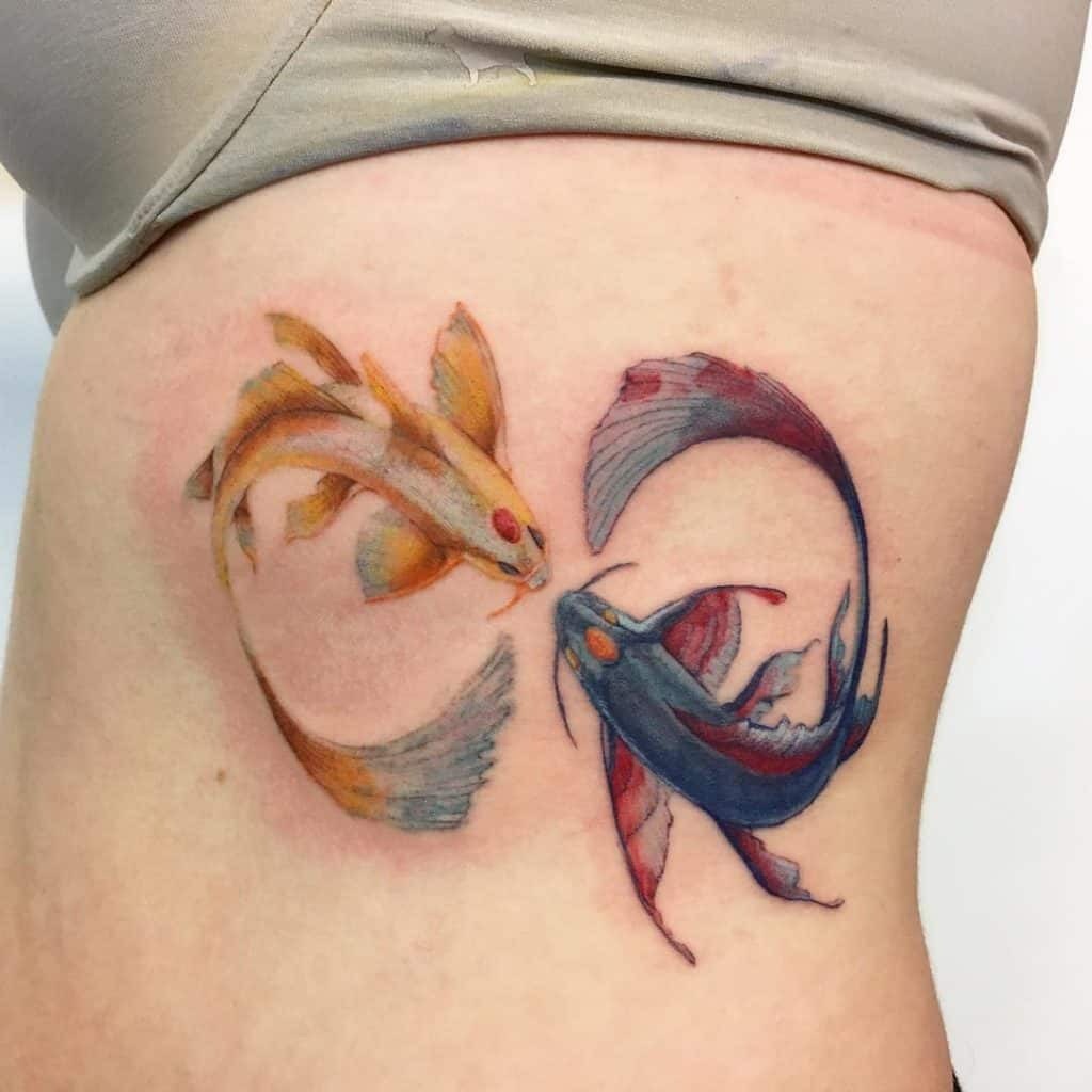 Black and Red and White Koi Fish and Gold Koi Tattoo Design