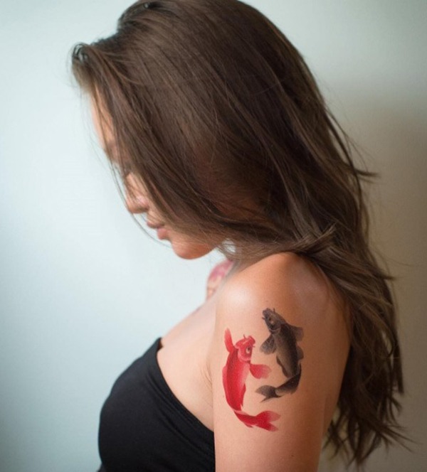 Black and Red Koi Swimming Upstream Tattoo Design