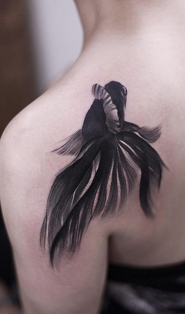 Black Fancy Goldfish From Behind Tattoo Design
