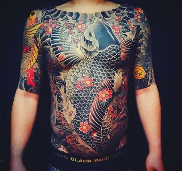 Black Koi Over Whole Torso Tattoo Design