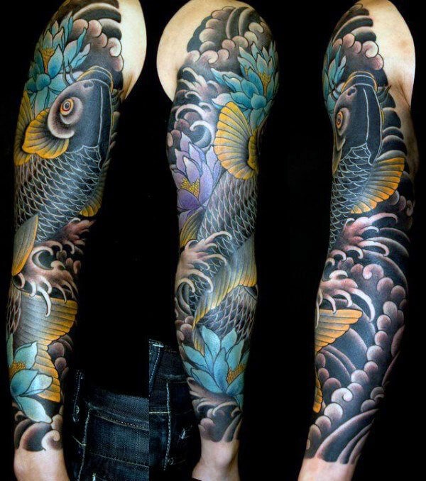 Black Koi Swimming Upstream with Blue Lotus Fish Tattoo Designs Tattoo Design