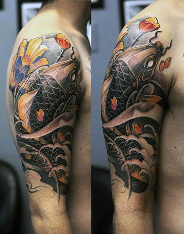 Black Koi Swimming Upstream with Flowers Koi Fish Tattoos Tattoo Design