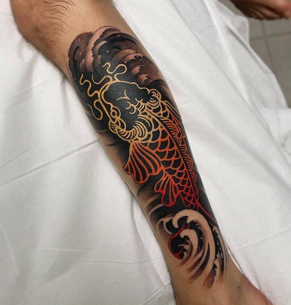Black Koi Swimming Upstream with Golden Outline Fish Tattoo Designs Tattoo Design