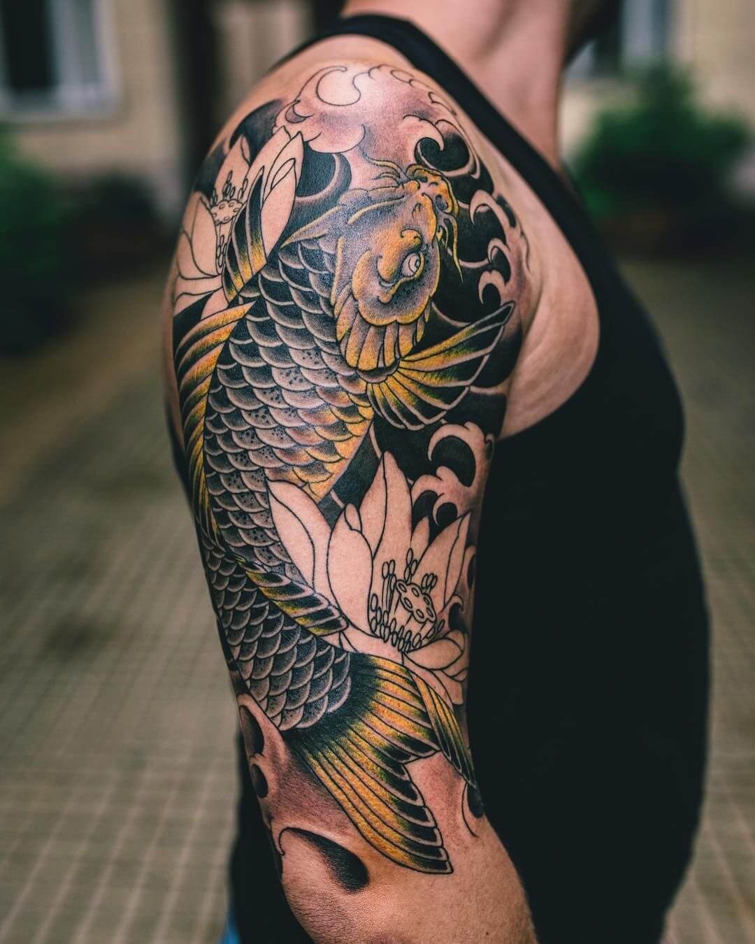 Black Koi with Lotus Flowers Koi Fish Tattoo Designs Tattoo Design