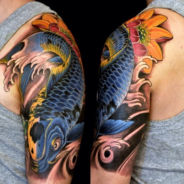 Blue and Black Koi with Gold Tattoo Design