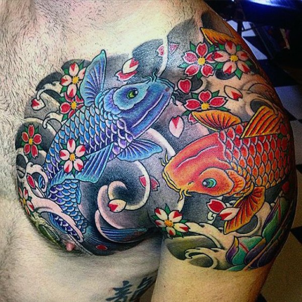 Blue and Golden Koi with Cherry Blossoms Fish Tattoos Tattoo Design