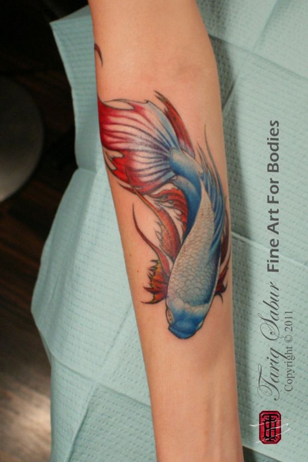 Blue and Red Koi on Wrist Tattoo Design