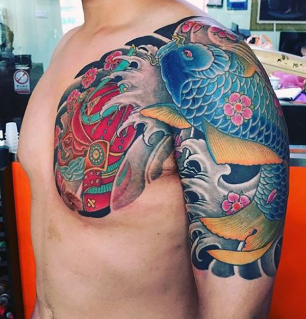 Blue Koi and Samurai Helmet Fish Tattoos Tattoo Design