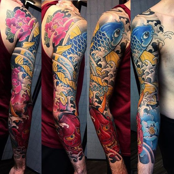 Blue Koi Swimming Upstream and Oni Mask Koi Fish Tattoos Tattoo Design