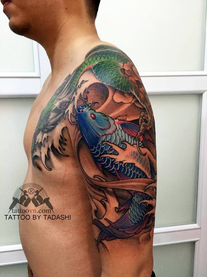 Blue Koi Swimming Upstream with Dragon Koi Fish Tattoos Tattoo Design