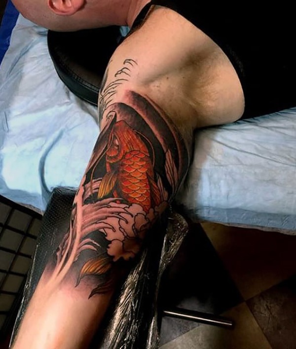 Golden Koi Fighting the Current Fish Tattoos Tattoo Design