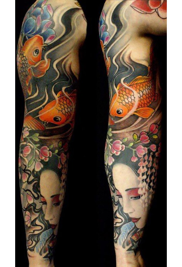 Golden Koi Over a Woman Fish Tattoos Tattoo Design
