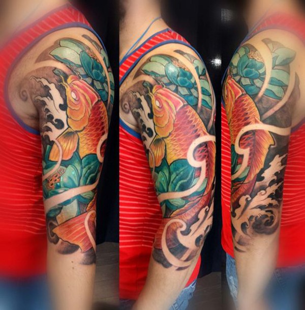 Golden Koi Swimming Upstream with Lotus Koi Fish Tattoos Tattoo Design