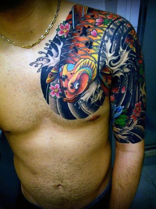 Golden Koi Swimming with the Current Fish Tattoos Tattoo Design