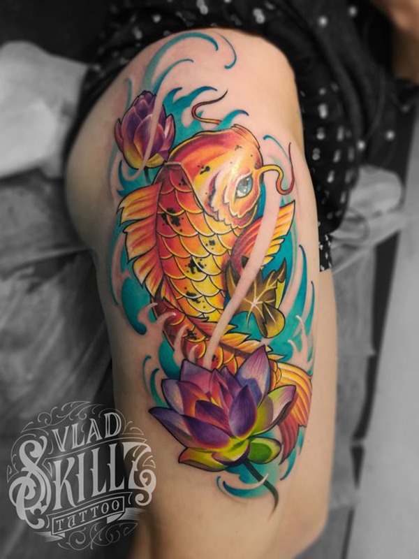 Golden Koi with Lotus Flowers Tattoo Design