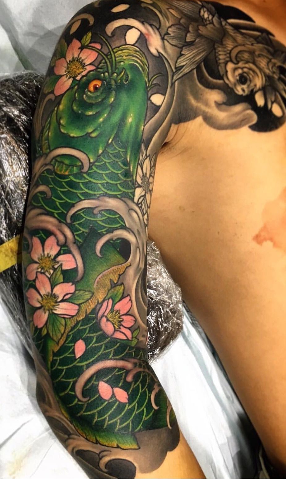 Green Koi with Cherry Blossoms Fish Tattoos Tattoo Design