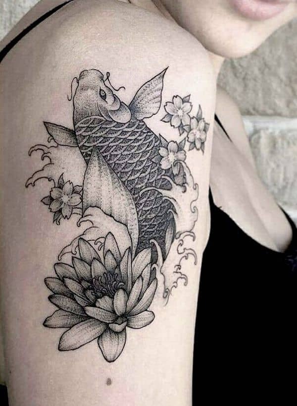 Koi with Lotus and Cherry Blossoms Tattoo Design