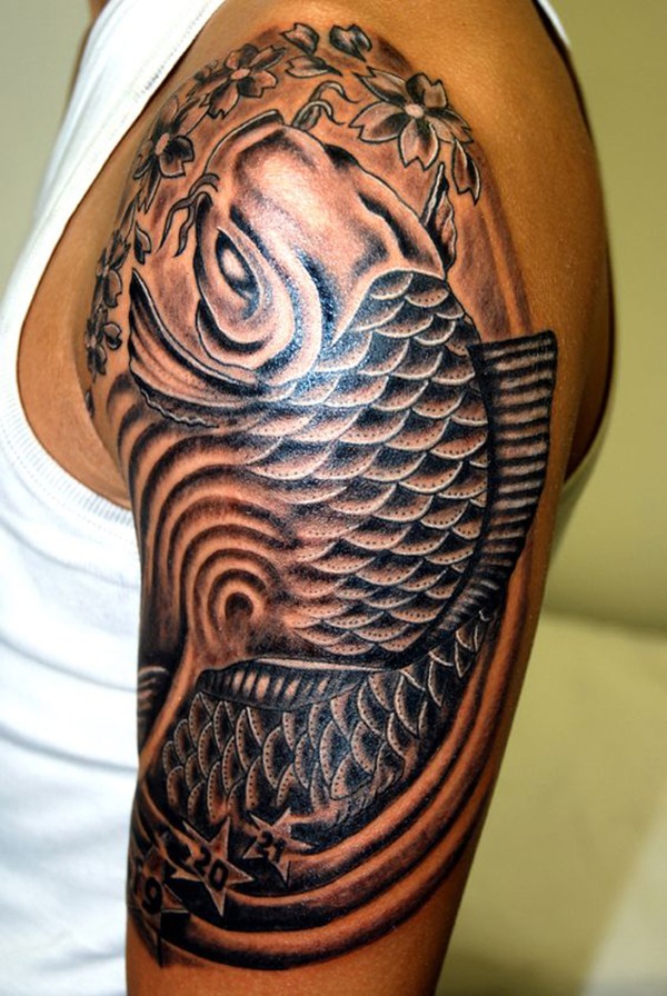 Monochrome Koi with Cherry Blossoms Tattoo Design