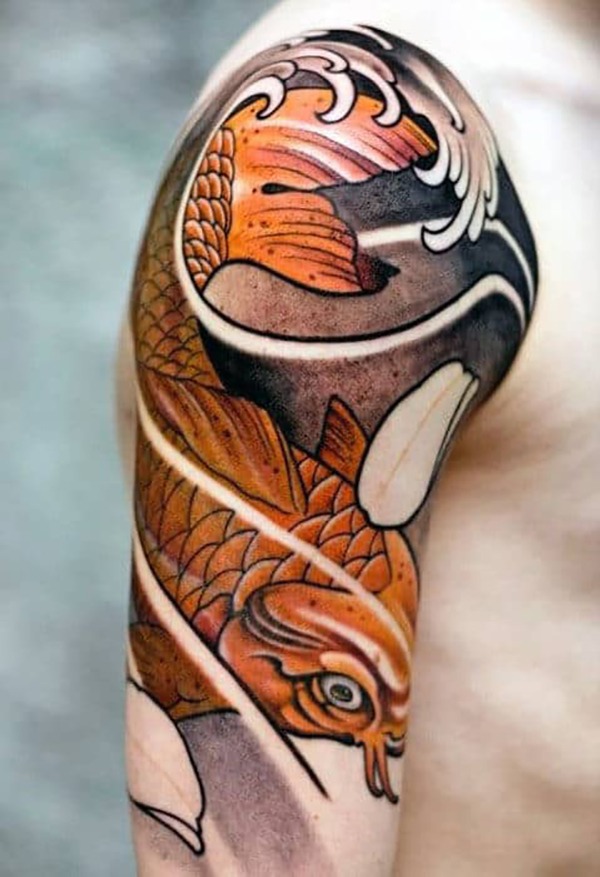 Orange Koi Swimming with the Current Koi Fish Tattoos Tattoo Design
