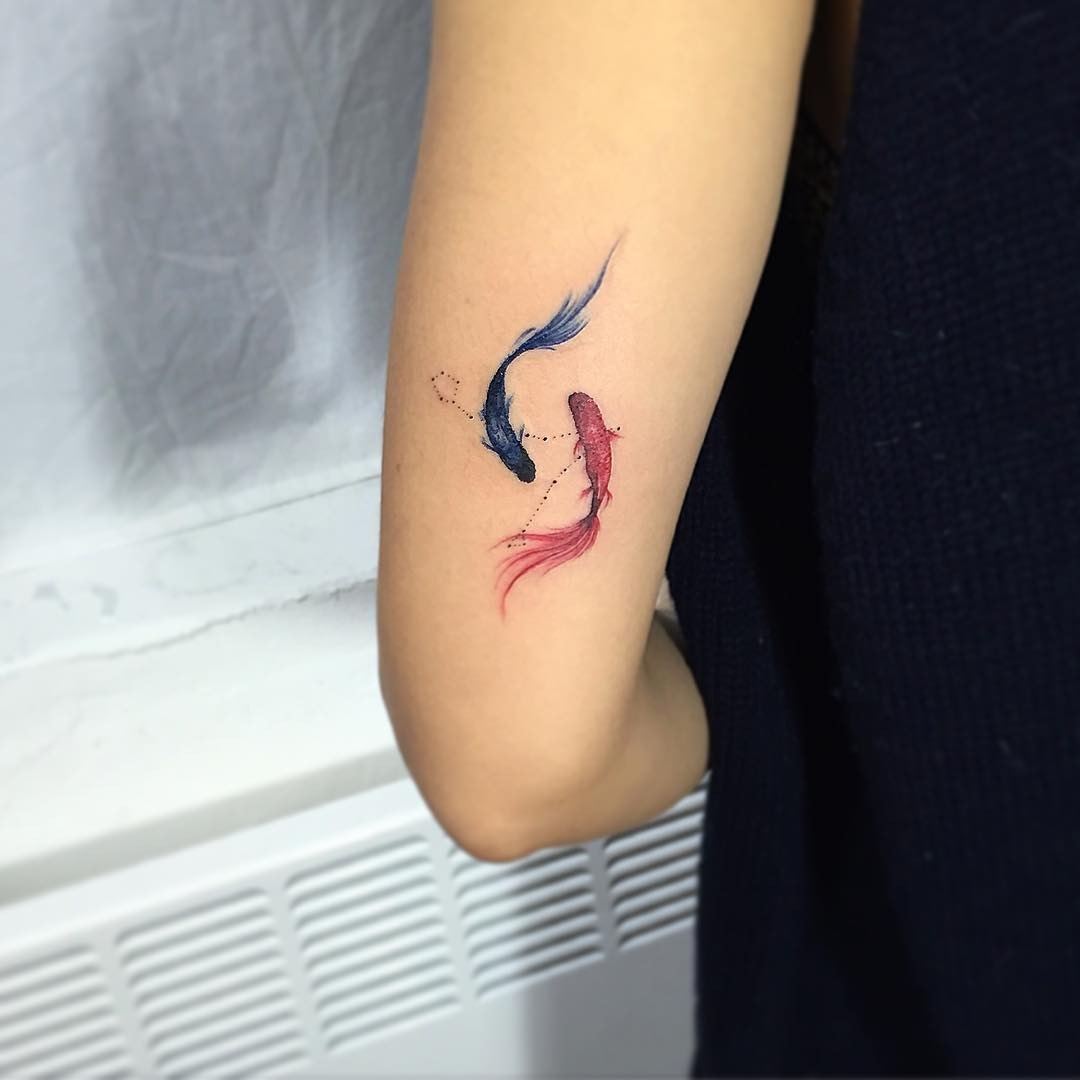 Red and Blue Fish Over Pisces Constellation Tattoo Design