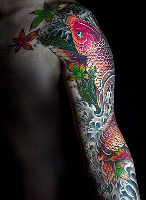 Red Koi and Japanese Maple Leaves Fish Tattoo Designs Tattoo Design