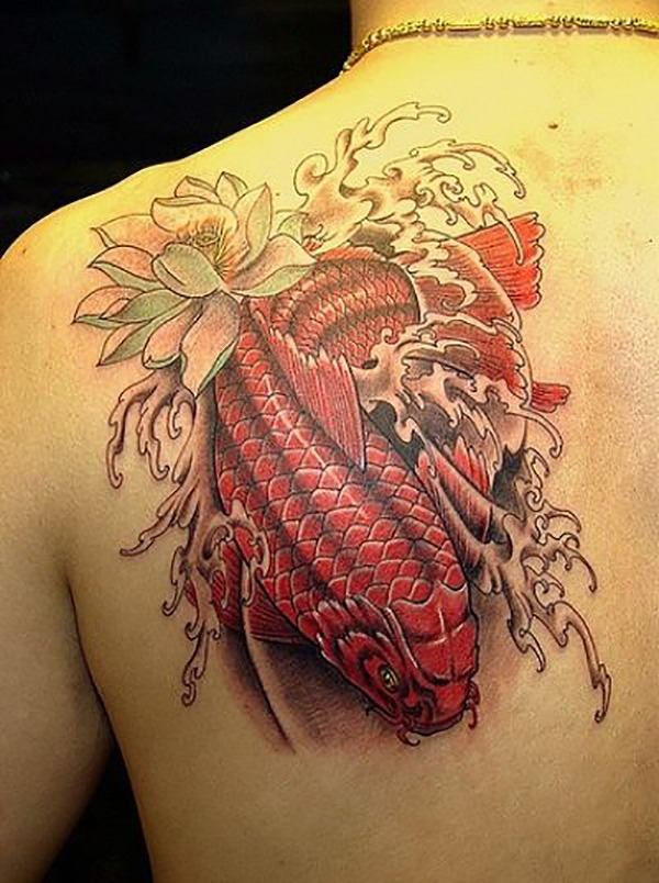 Red Koi Swimming Downstream with Lotus Koi Tattoo Tattoo Design