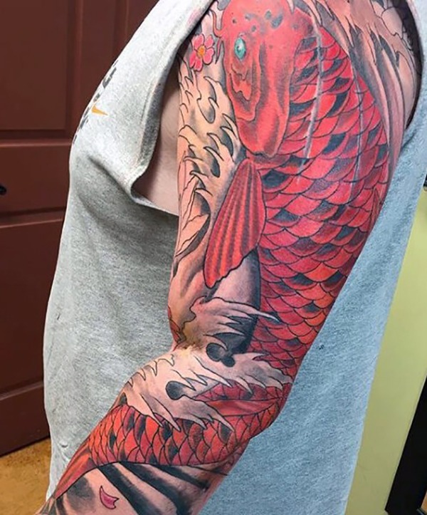 Red Koi Swimming Up the Stream Fish Tattoos Tattoo Design