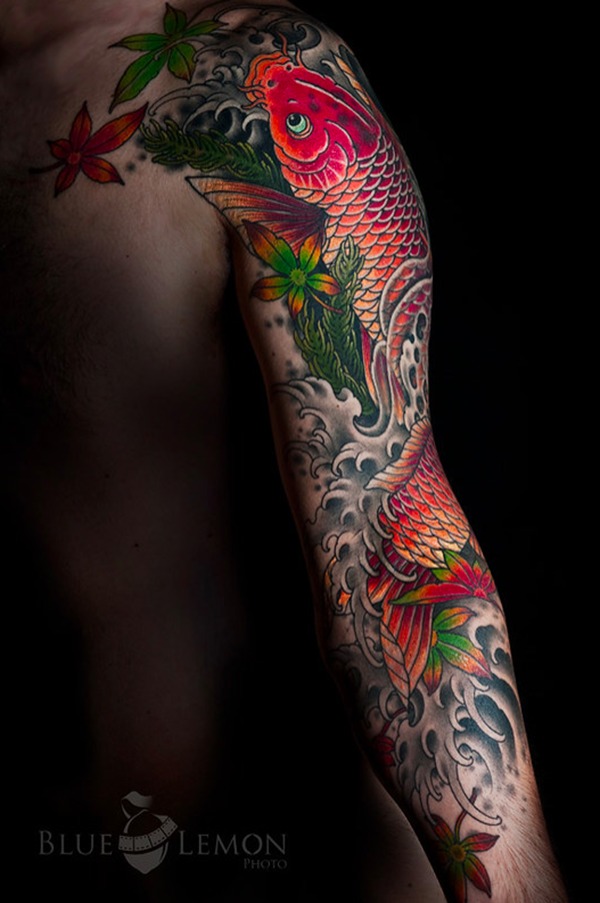 Red Koi Swimming Upstream with Leaves Koi Fish Tattoos Tattoo Design