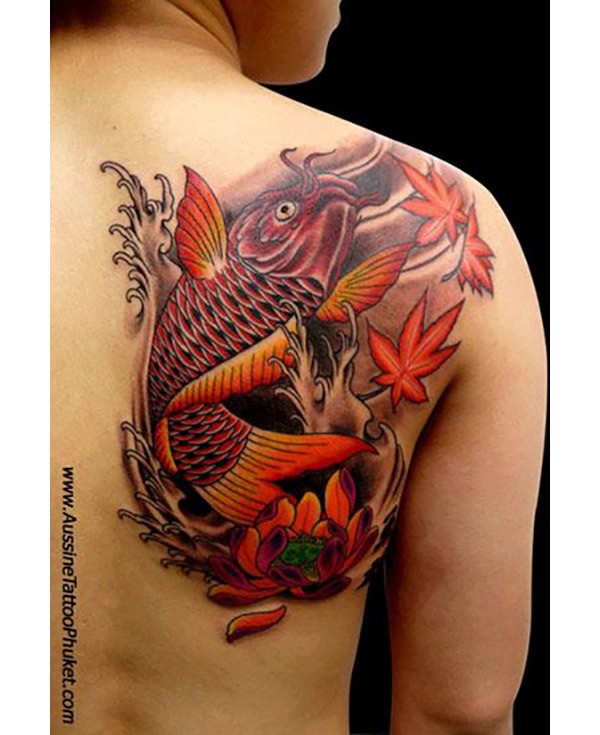 Red Koi with Autumn Leaves Fish Tattoos Tattoo Design