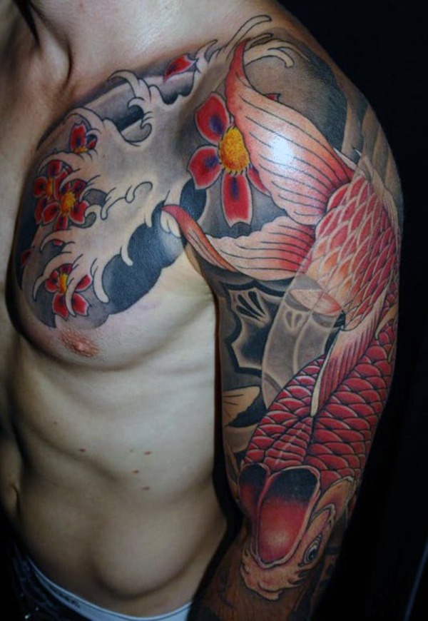 Red Koi with Cherry Blossoms Going Downstream Fish Tattoo Designs Tattoo Design