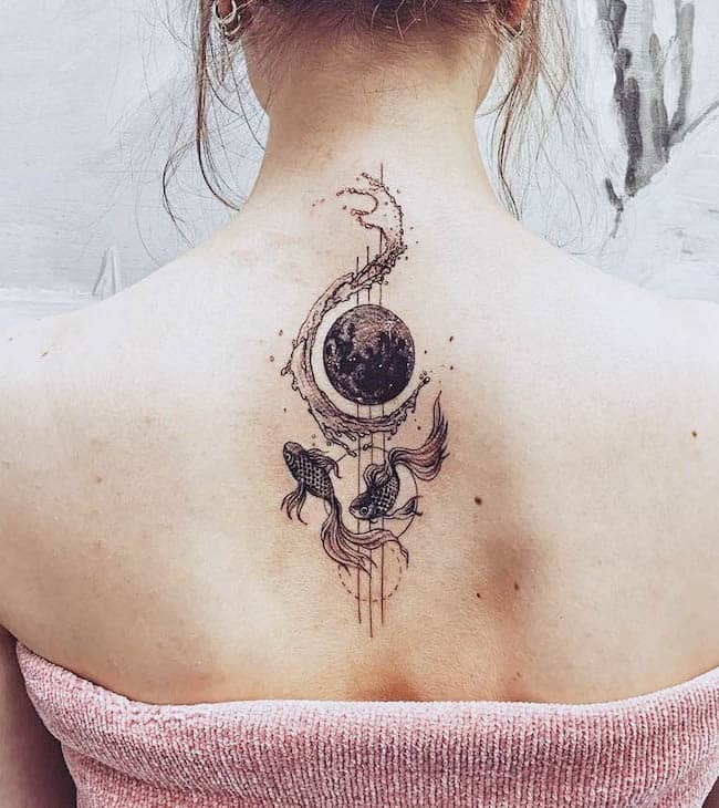 Two Goldfish Under a Moon Tattoo Design