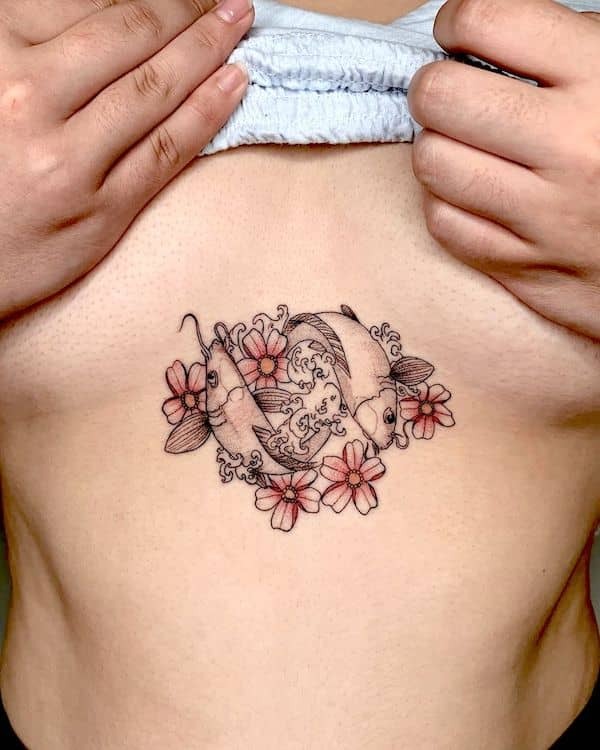 Two Small Koi with Cherry Blossoms Yin Yang Koi Fish Tattoo Design