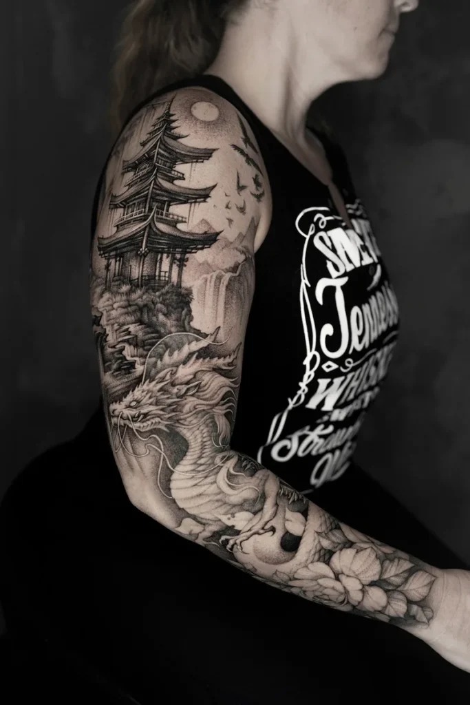 Black and Gray Korean Architecture: A Serene Landscape Tattoo Design