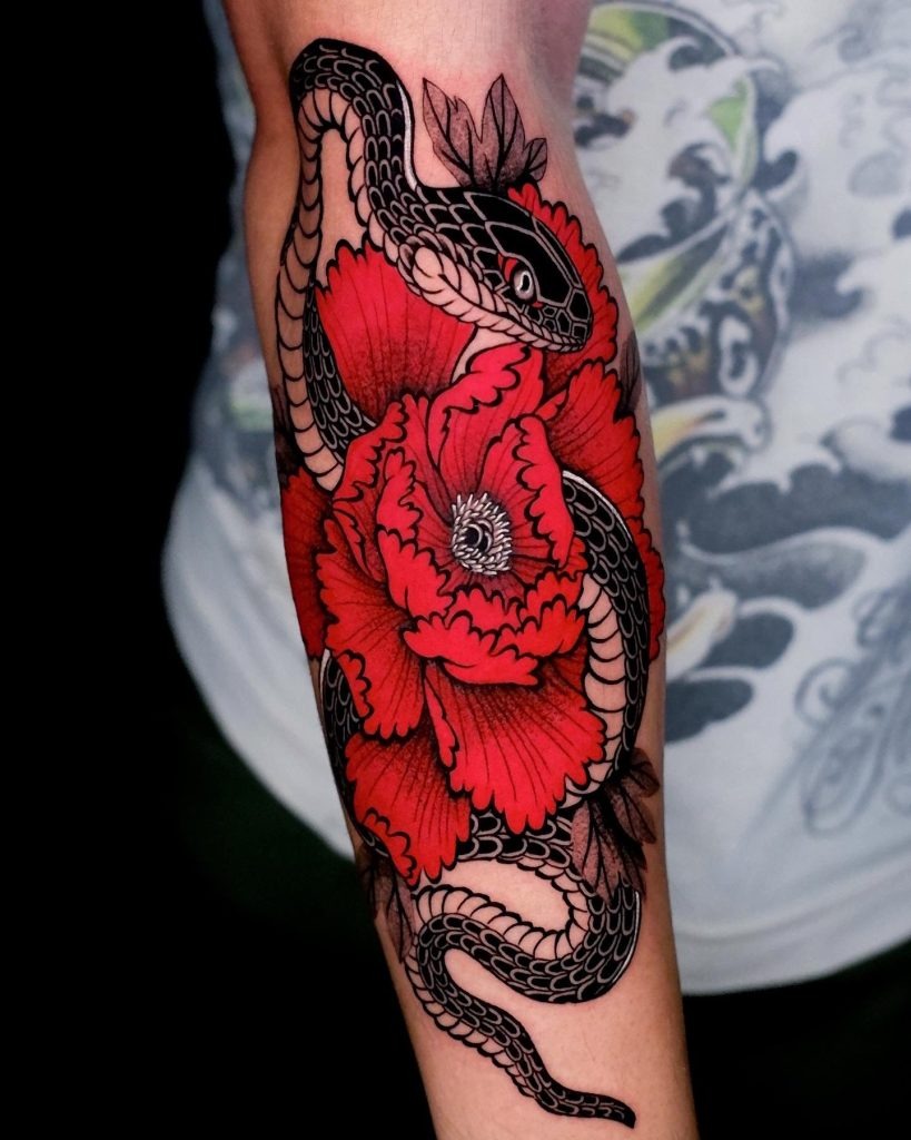 Bold Floral and Snake Combination: A Dynamic Duo Tattoo Design