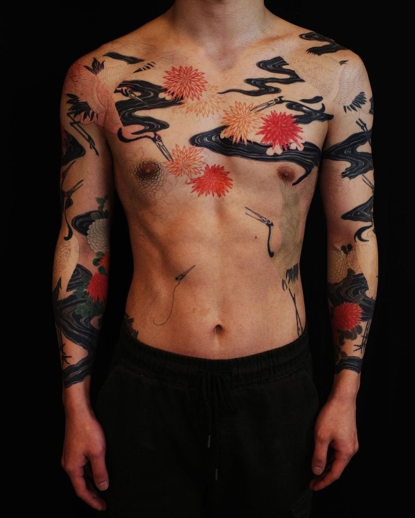 Full Body Floral and Wave Motif: A Symphony of Flow and Color Tattoo Design